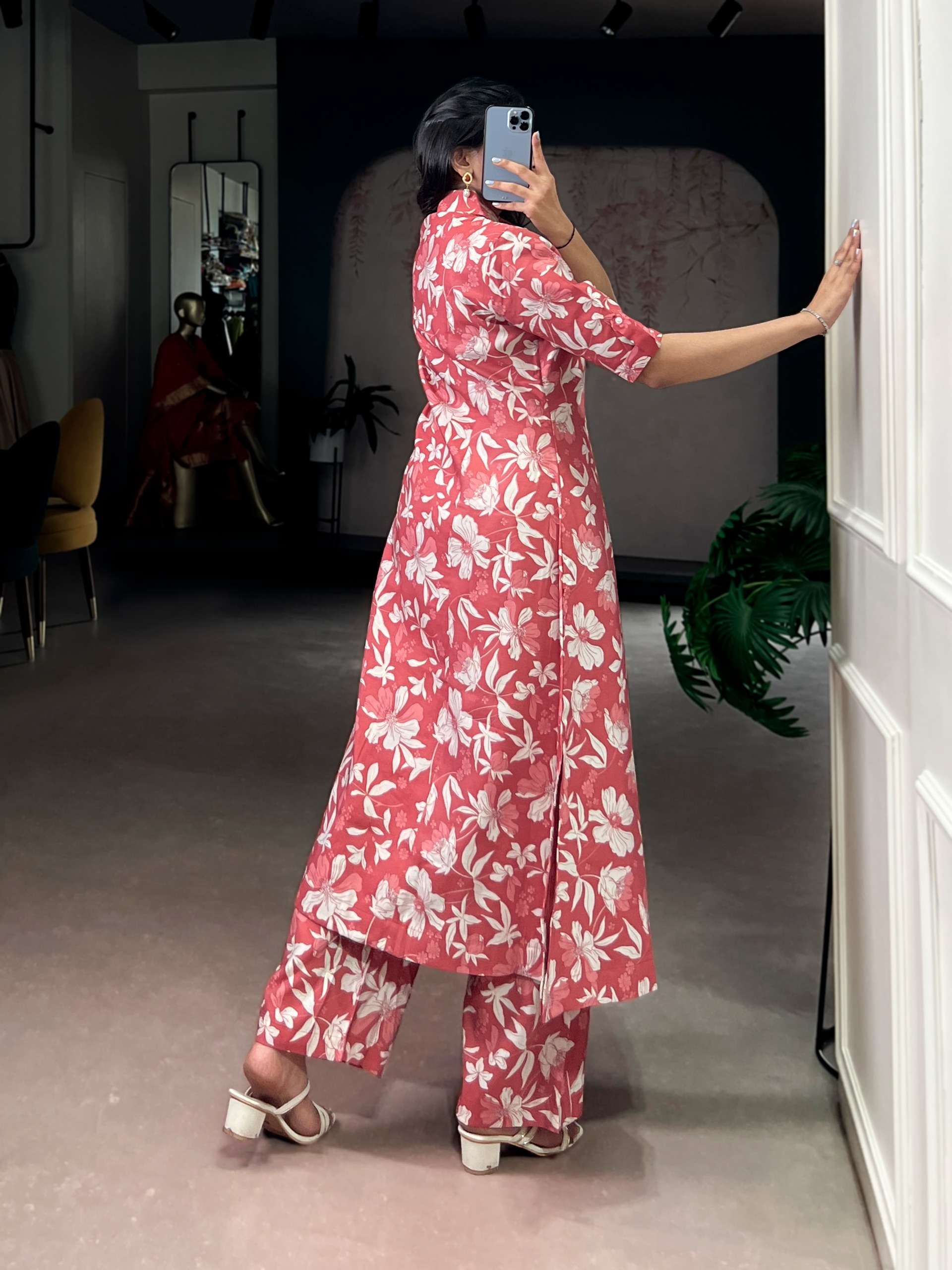  P V Chanderi fancy fabric with Floral print on kurti palazzo cord set wholesale in surat 4702